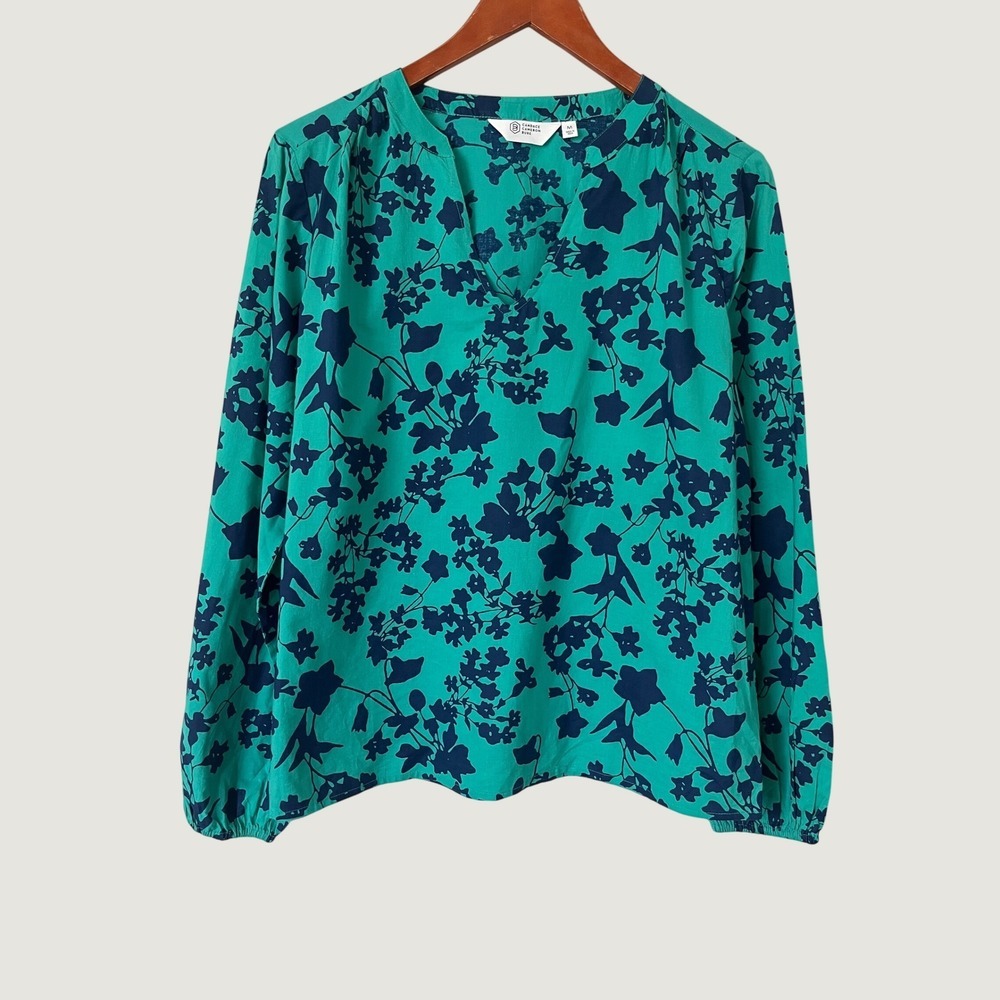 Candace Cameron Teal Green Navy Blue Floral Cotton Blouse Long Sleeve M boho